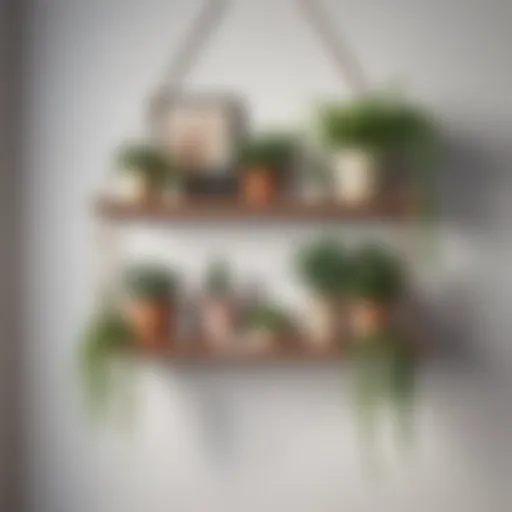 Elegant boho hanging shelf adorned with plants and decorative items