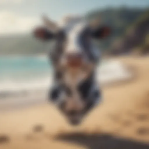 Trendy cow print one piece swimsuit displayed on a scenic beach