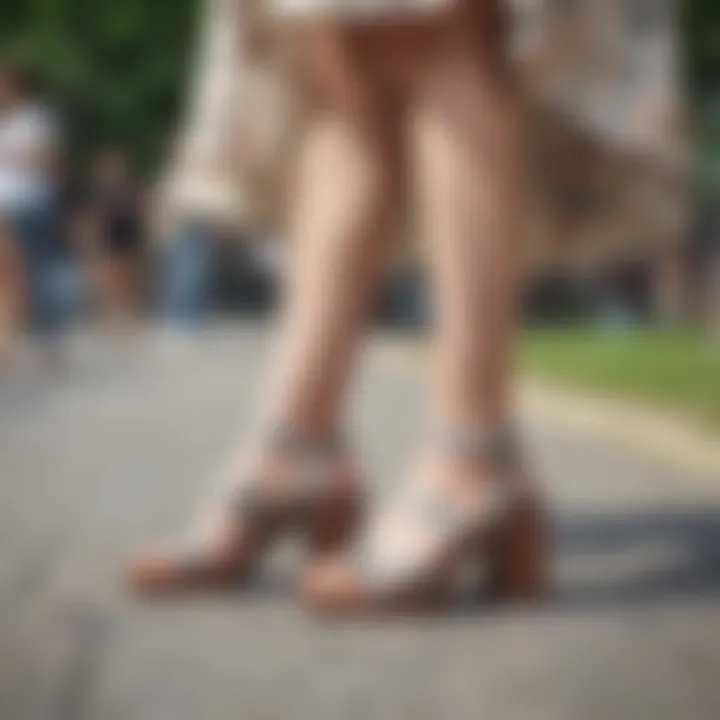 Stylish woman wearing low chunky heel sandals at a casual outdoor event.