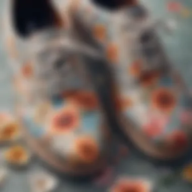 A close-up of floral patterns on stylish footwear.