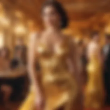 A celebration scene with individuals wearing a golden sexy dress in a vibrant atmosphere