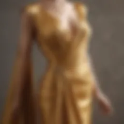 Glistening fabric of a golden dress draping elegantly on a mannequin