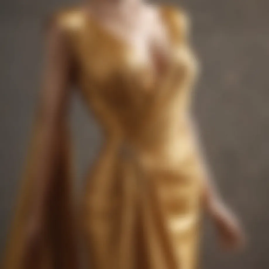 Glistening fabric of a golden dress draping elegantly on a mannequin