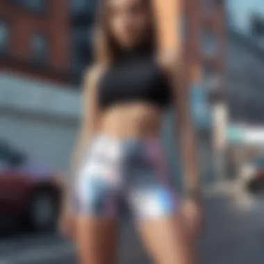 Urban Vibe of Holographic Biker Shorts Holographic biker shorts showcased in a vibrant urban setting