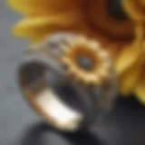 A close-up view of a sunflower wedding band showcasing intricate designs