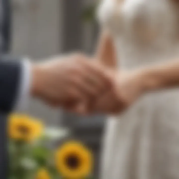 A couple exchanging sunflower wedding bands during a ceremony