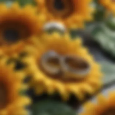 A beautiful arrangement of sunflowers alongside various wedding bands