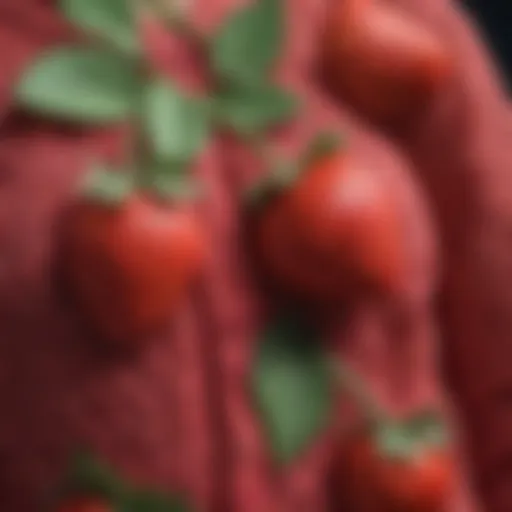 A close-up of a plus-size strawberry cardigan showcasing its intricate design