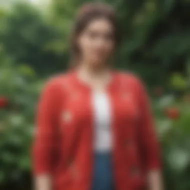 A model wearing a plus-size strawberry cardigan in an outdoor setting