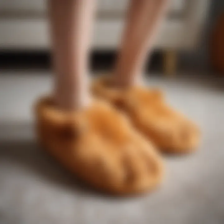 Stylish adult showcasing cat paw slippers at home