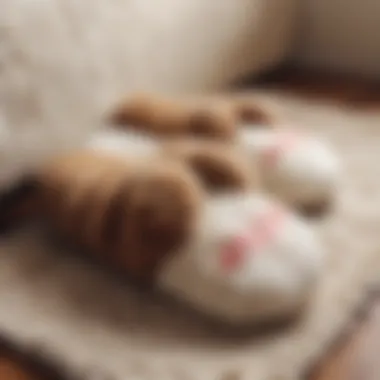 Close-up of cat paw slippers on a cozy rug