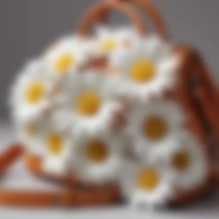 A vibrant display of faux daisies on an accessory such as a handbag.