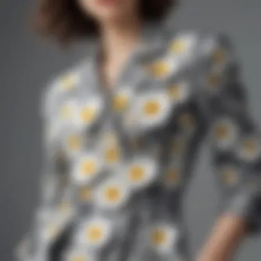 A close-up of faux daisies integrated into a fashionable outfit.