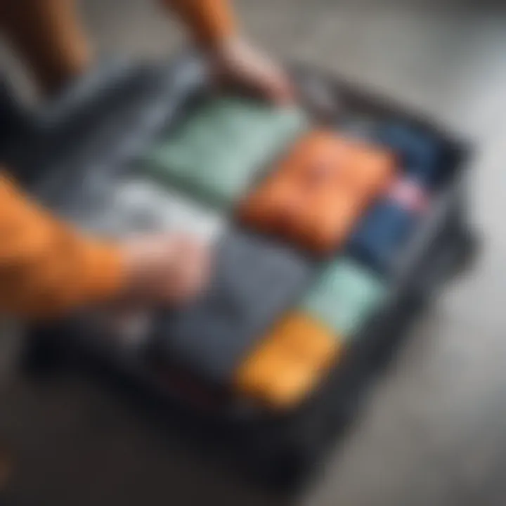 A stylish traveler organizing their luggage with colorful roll up compression bags.