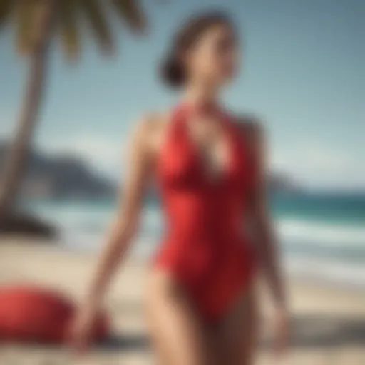 Elegant red halter swimsuit displayed against a beach backdrop