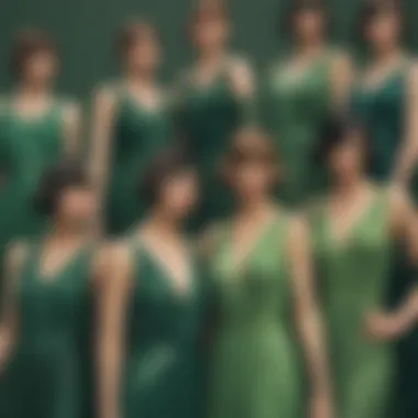 A collection of green flapper dresses in various shades displayed elegantly.