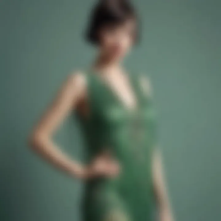 A model styled in a modern interpretation of a green flapper dress.