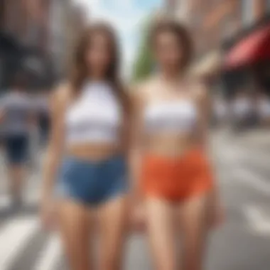 A vibrant street scene showcasing diverse individuals wearing high-waisted booty shorts.