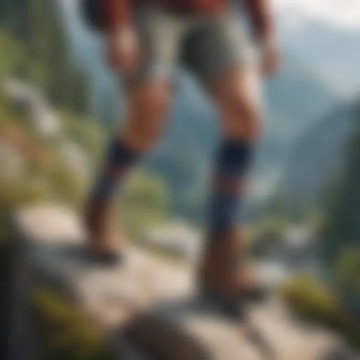 A hiker wearing leg warmers on a scenic mountain trail, emphasizing comfort and style.