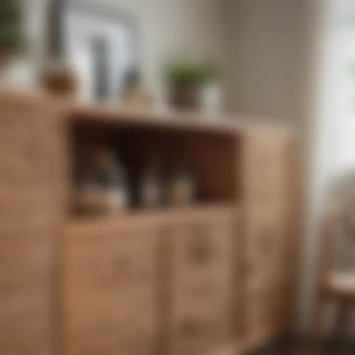 A stylish cabinet featuring rattan hardware in a modern living space.