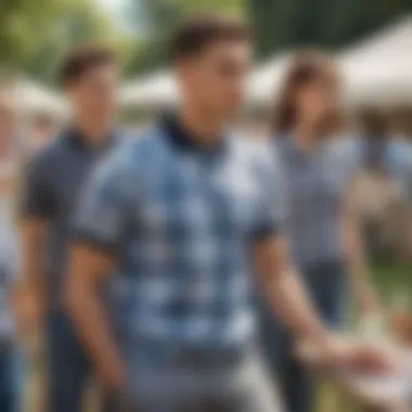 An outdoor scene where individuals sport checkered polo shirts in a casual gathering, emphasizing versatile styling.